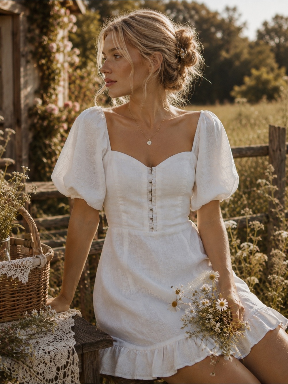 Reformation White Linen Mini Dress Puff Sleeve Size 0 Cottage Fairy Milkmaid